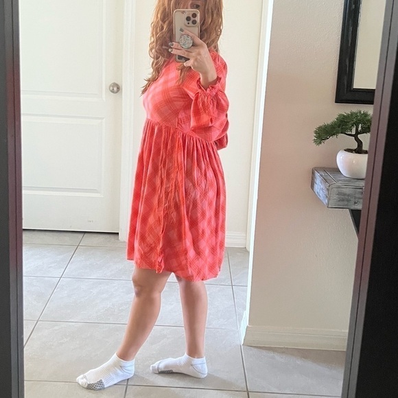 BP Plaid babydoll dress balloon sleeves long sleeves tangerine orange pink NWT - Picture 6 of 11